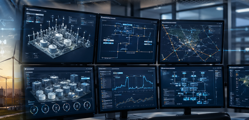 Industrial control room screens with terminal, pipeline, energy, and dashboard software